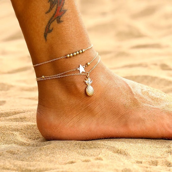 ⚜️[𝟯/$𝟮𝟴]⚜️3 Layered Pineapple Star Anklet NEW - Picture 5 of 10
